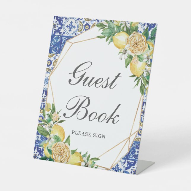 Chic Lemon Yellow Floral Guest Book Tabletop Pedestal Sign (Front)