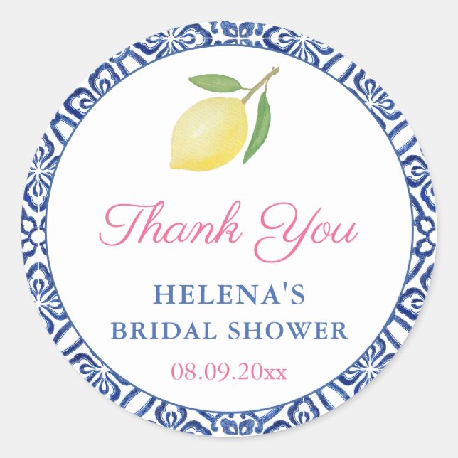 Chic Lemons Italian Blue Tiles Bridal Shower Favou Classic Round Sticker (Front)
