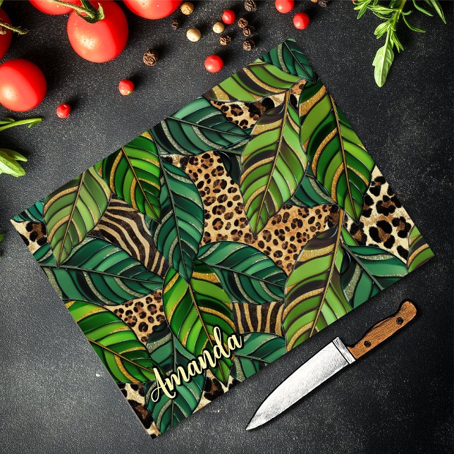 Chic Leopard Monogram Monstera Leaves Cutting Board (Creator Uploaded)