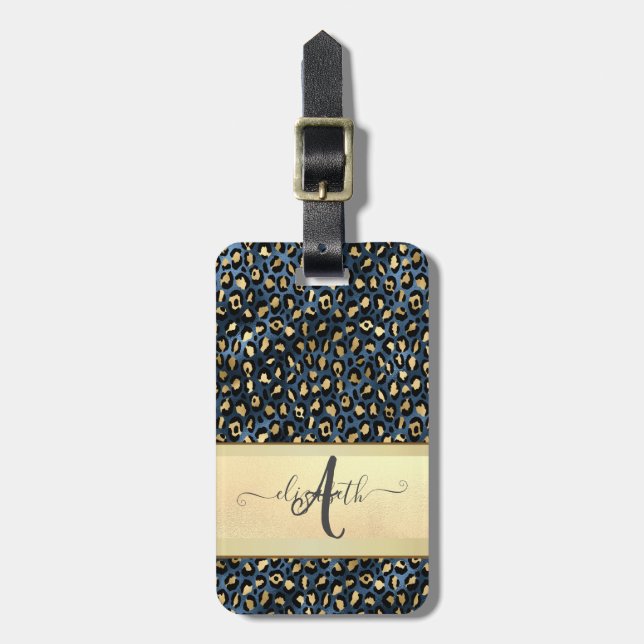 Chic Leopard Pattern Black Bronze Monogram  Luggage Tag (Front Vertical)