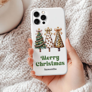 Chic leopard pattern Christmas trees custom name  iPhone 15 Mini Case