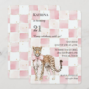 Chic Leopard Pink Bow Squares Birthday Invitation
