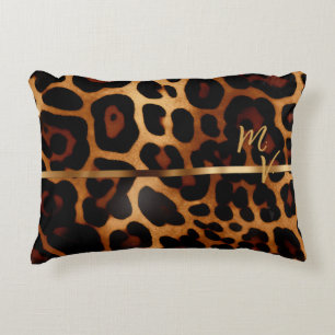 Chic Leopard Print and Gold Monogrammed Accent Pillow