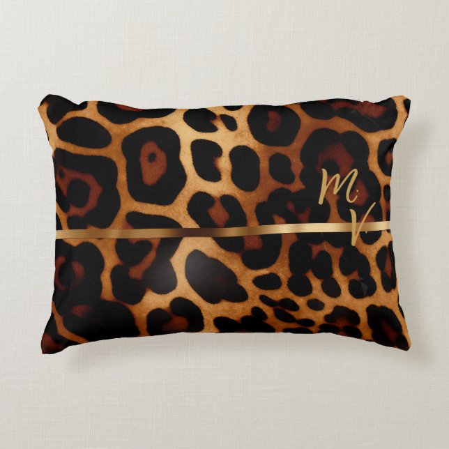 Chic Leopard Print and Gold Monogrammed  Accent Pillow (Front)