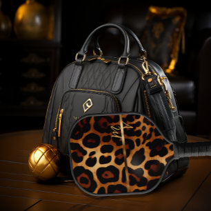 Chic Leopard Print and Gold Monogrammed Pickleball Paddle