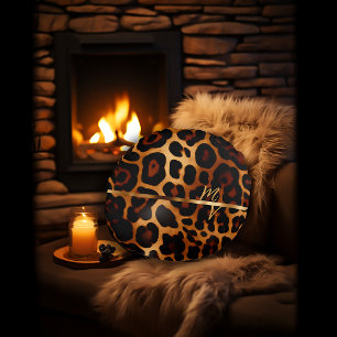 Chic Leopard Print and Gold Monogrammed Round Pillow