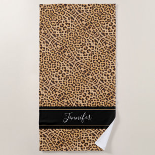 Chic Leopard Print Black Script Personalized Beach Towel