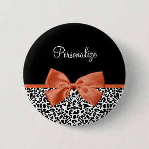 Chic Leopard Print Burnt Orange Bow and Name 2 Inch Round Button