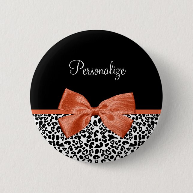 Chic Leopard Print Burnt Orange Bow and Name 2 Inch Round Button (Front)