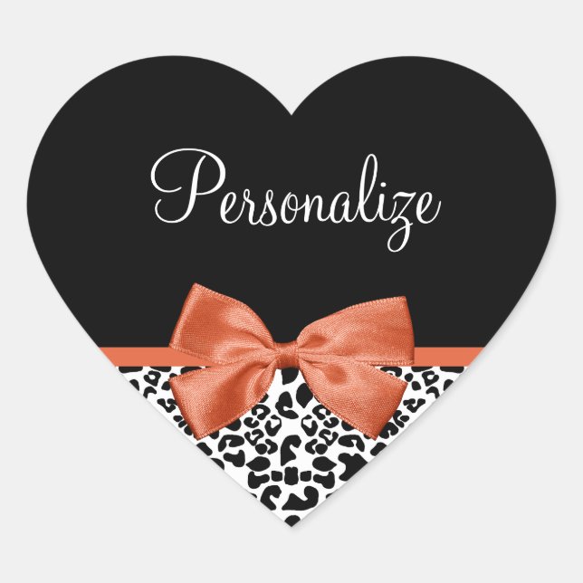 Chic Leopard Print Burnt Orange Bow With Name Heart Sticker (Front)