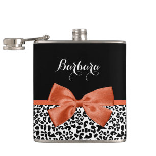 Chic Leopard Print Burnt Orange Bow With Name Hip Flask