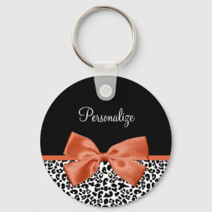 Chic Leopard Print Burnt Orange Bow With Name Keychain