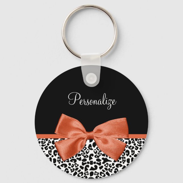 Chic Leopard Print Burnt Orange Bow With Name Keychain (Front)
