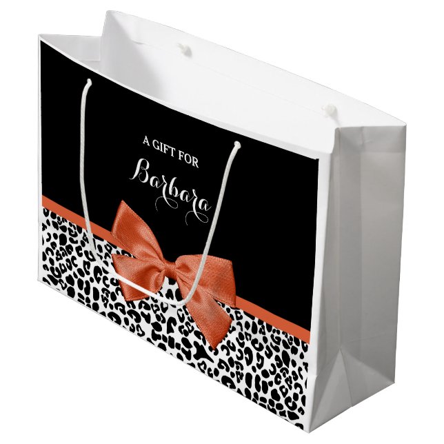 Chic Leopard Print Burnt Orange Bow With Name Large Gift Bag (Front Angled)