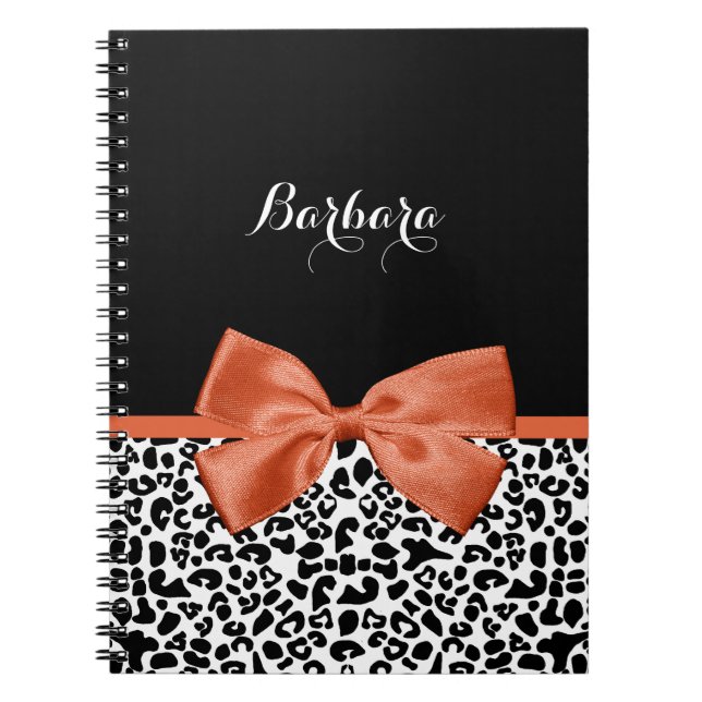 Chic Leopard Print Burnt Orange Bow With Name Notebook (Front)