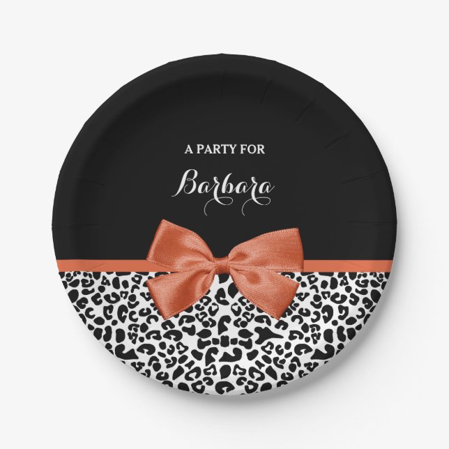 Chic Leopard Print Burnt Orange Bow With Name Paper Plate (Front)
