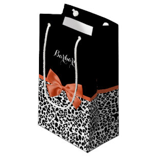 Chic Leopard Print Burnt Orange Bow With Name Small Gift Bag