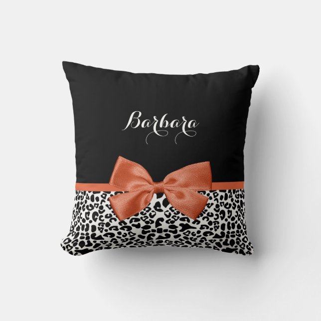 Chic Leopard Print Burnt Orange Bow With Name Throw Pillow (Front)