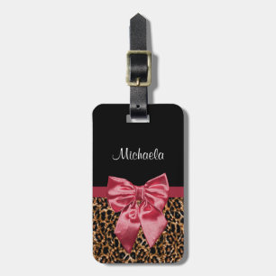 Chic Leopard Print Elegant Red Bow With Name Luggage Tag