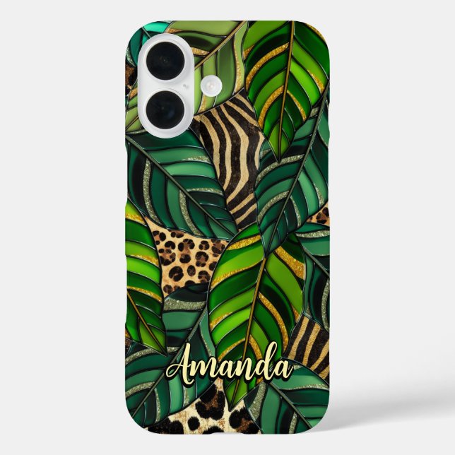 chic leopard print monstera leaves monogram Case-M Case-Mate iPhone Case (Back)