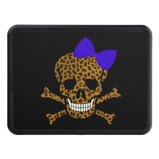 Chic Leopard Print Pirate Skull Blue Bow Trailer Hitch Cover (Front)