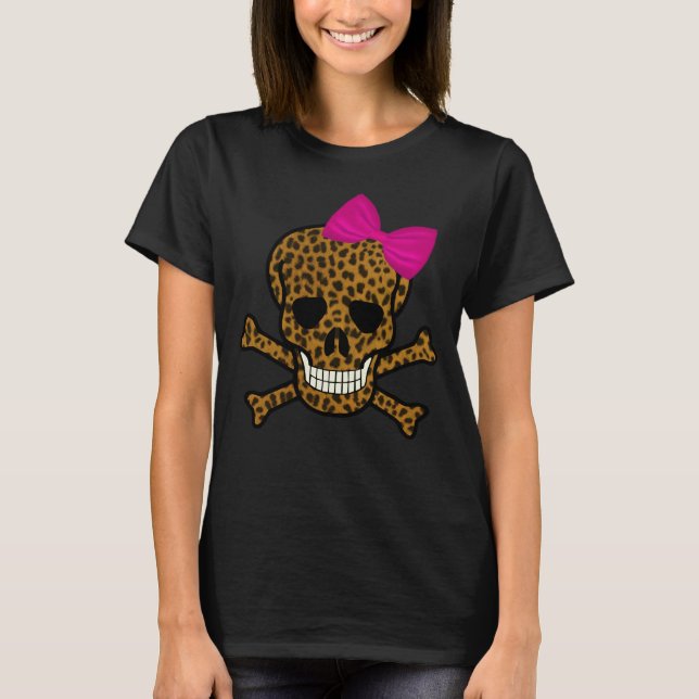 Chic Leopard Print Pirate Skull Pink Bow T-Shirt (Front)