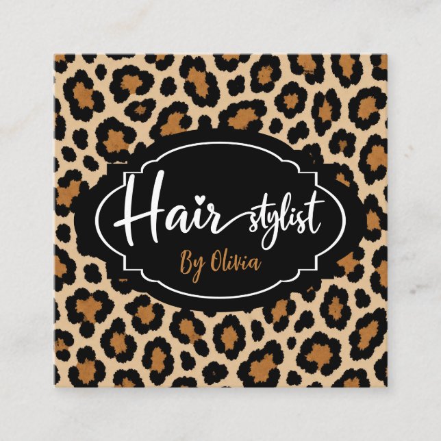 Chic Leopard Print Salon Square Business Card (Front)