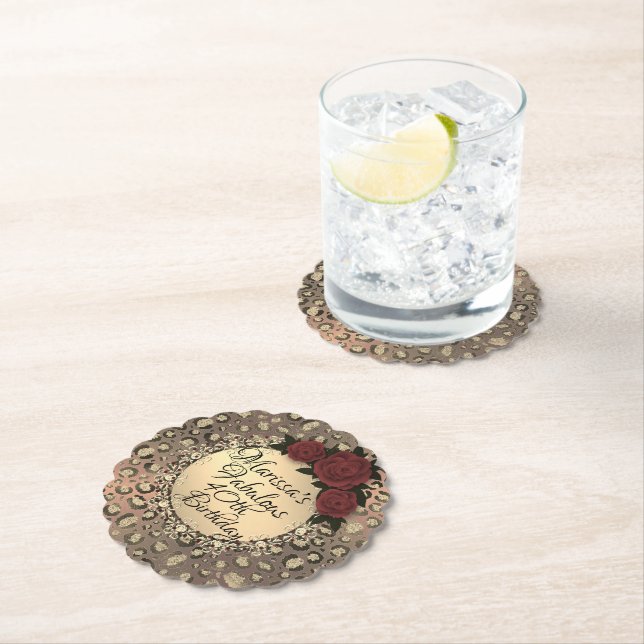 Chic Leopard Rose Fabulous 40th Birthday Paper Coaster (Insitu)