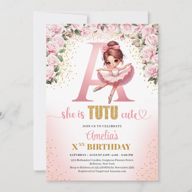 Chic letter A monogram ballerina girl birthday Invitation (Front)