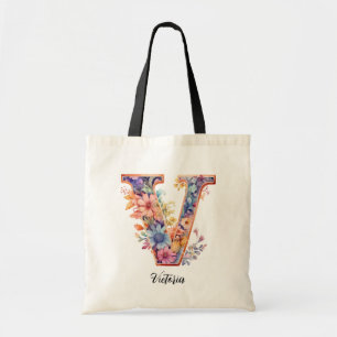 Chic Letter V   Whimsical Floral Letter Monogram Tote Bag