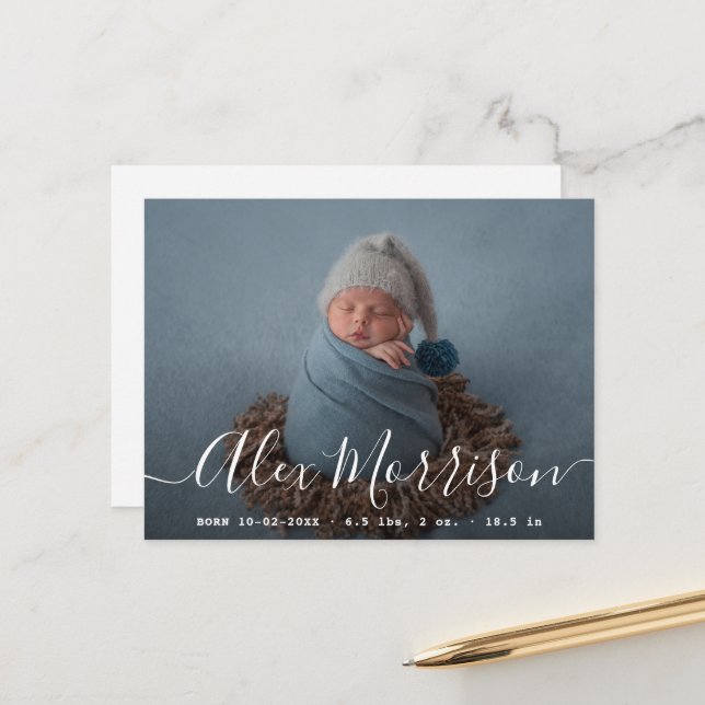 chic lettering baby birth announcement card (Front/Back In Situ)