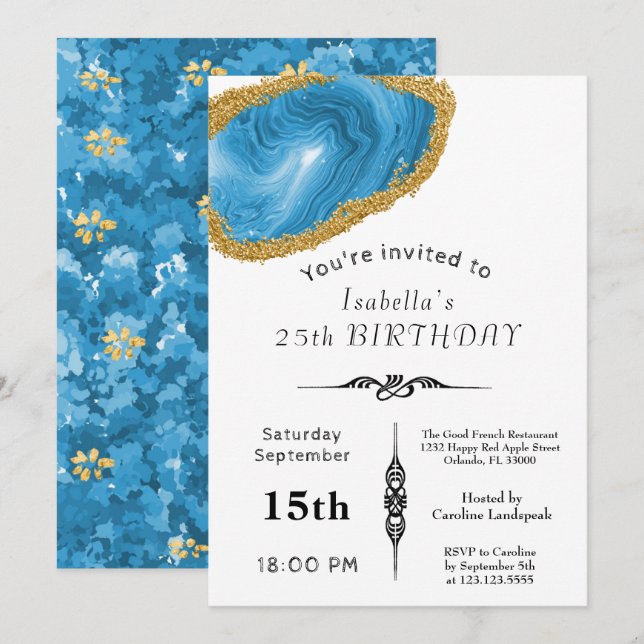 Chic Light Blue Agate Gold Gilded for Birthday Invitation (Front/Back)