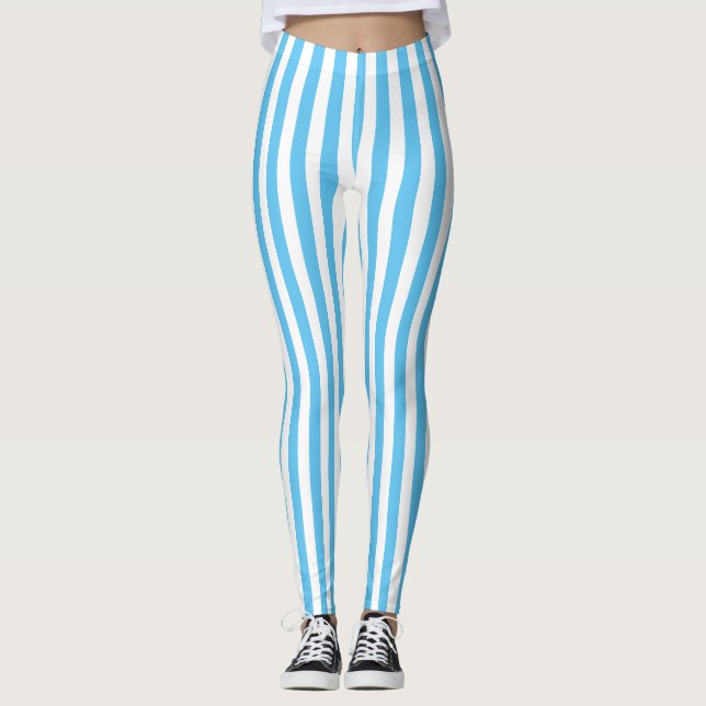 Chic Light Blue and White Vertical Stripes Leggings (Front)