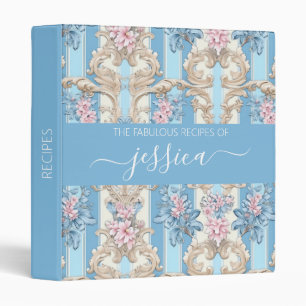 Chic light blue baroque floral script name  binder