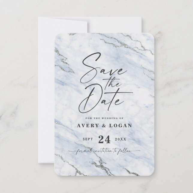 Chic Light Blue Marble with Silver Glitter Save The Date (Front)