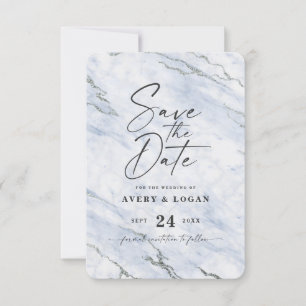 Chic Light Blue Marble with Silver Glitter Save The Date