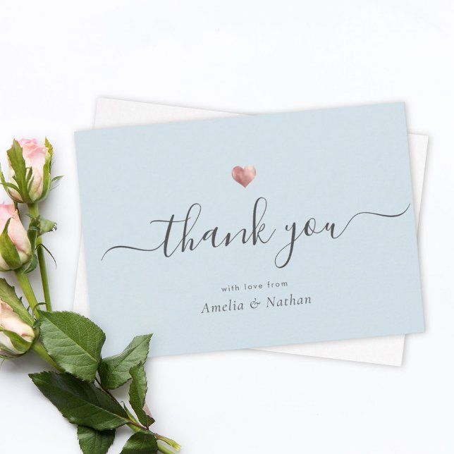 Chic Light Blue Modern Script Rose Gold Heart Thank You Card (Creator Uploaded)