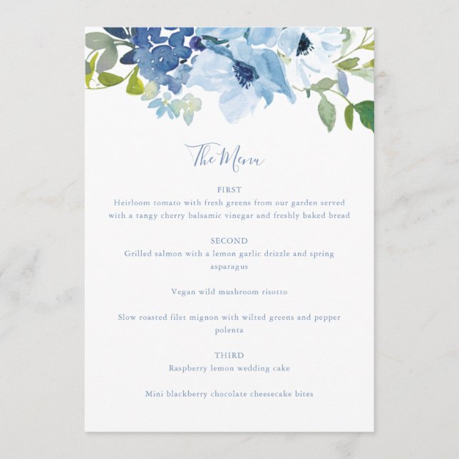 Chic Light Blue Watercolor Floral Script Custom  Menu (Front)