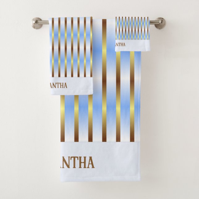 Chic Light Blue White And Gold Stripes Monogrammed Bath Towel Set (Insitu)