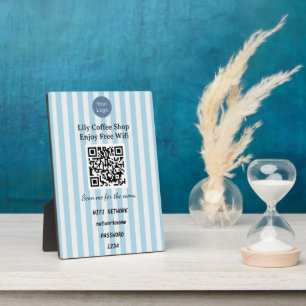 Chic Light Blue & White Stripes QR Code Wifi Plaque