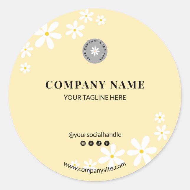 Chic Light Butter Yellow Daisy Business Name Classic Round Sticker (Front)