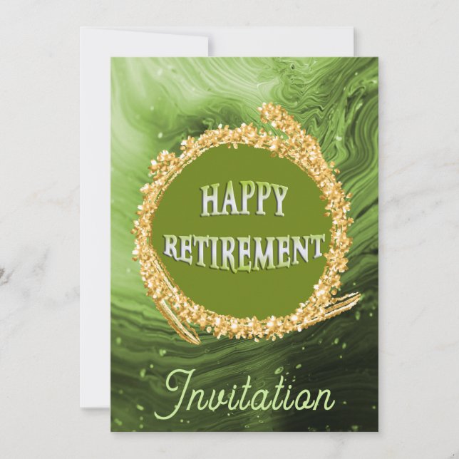 Chic Light Green Marble & Gold Happy Retirement Invitation (Front)