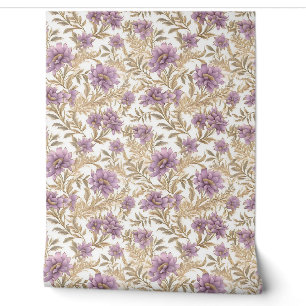 Chic light pastel purple and faux gold flowers wallpaper