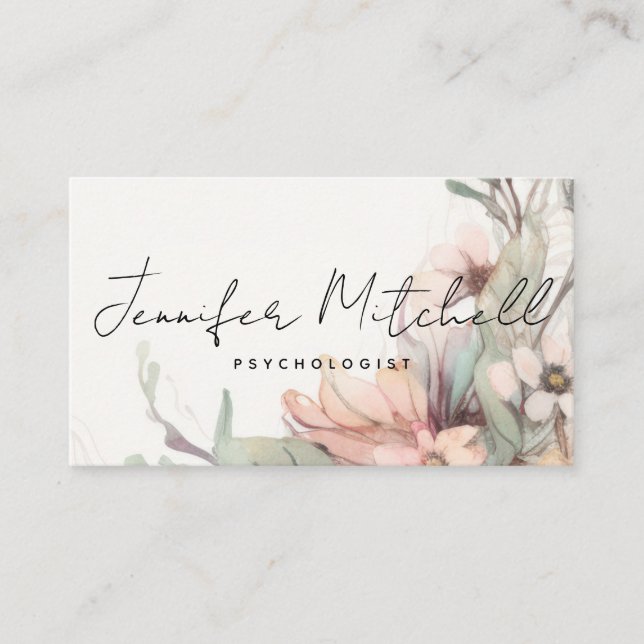 Chic Light Rose Sage Green Bohemian Floral Script  Business Card (Front)