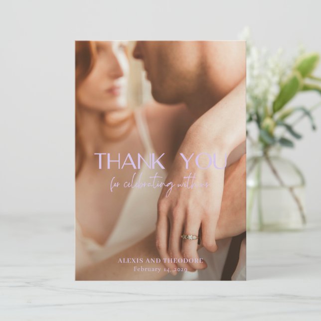 Chic Lilac Photo Modern Wedding Thank You Card (Standing Front)