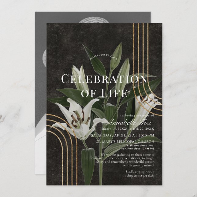 Chic Lilies Celebration of Life Funeral Memorial Invitation (Front/Back)
