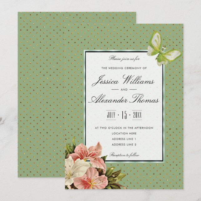 Chic Lilies & Gem Butterfly Wedding Ceremony Invitation (Front/Back)