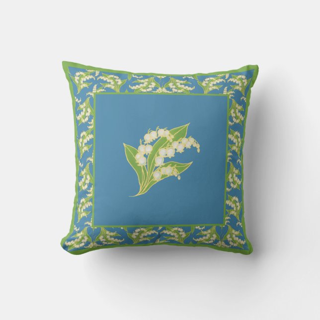 Chic Lily-of-the-Valley on Blue with Border Throw Pillow (Front)