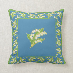 Chic Lily-of-the-Valley on Blue with Border Throw Pillow