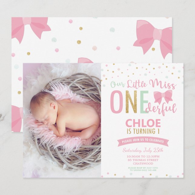 Chic Little Miss ONEderful 1st Birthday Bows Photo Invitation (Front/Back)
